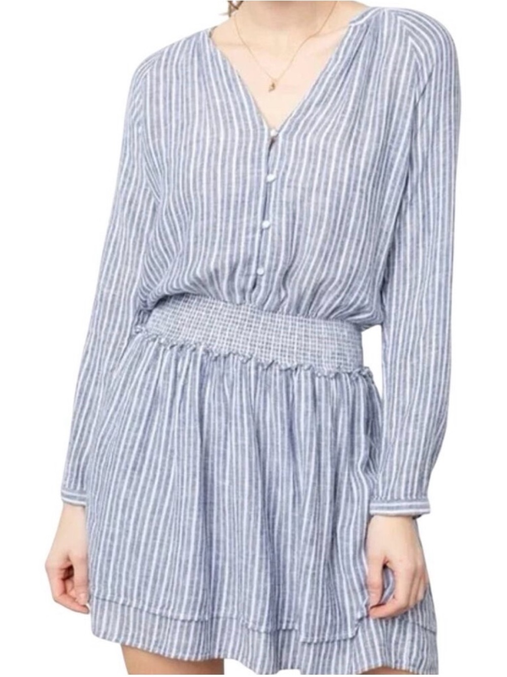 Rails Blue and White Striped Long-Sleeve Smocked-Waist Dress
